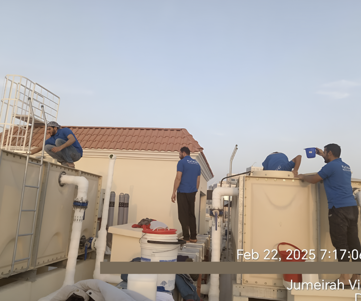 Platinum Blue Tanks team performing professional water tank cleaning service at a villa in Jumeirah